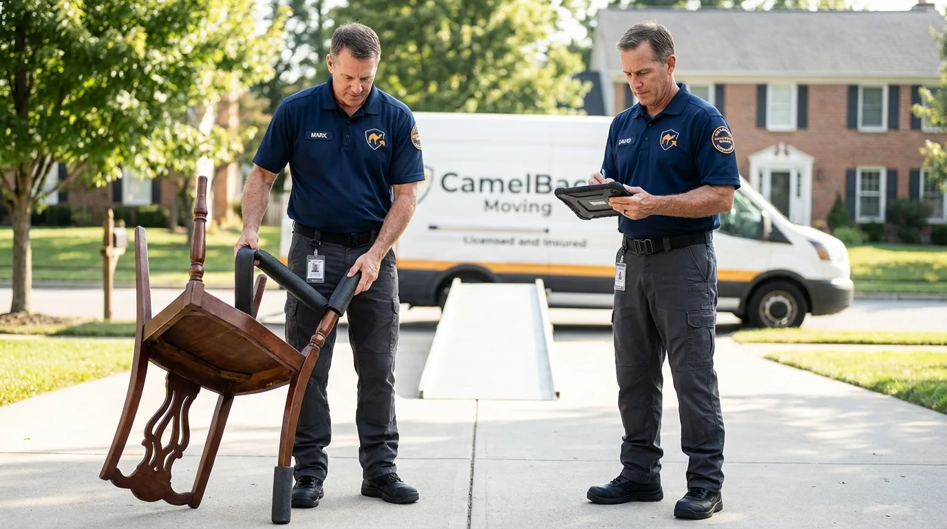 Movers inspecting furniture for damage prevention before loading in Tok, AK
