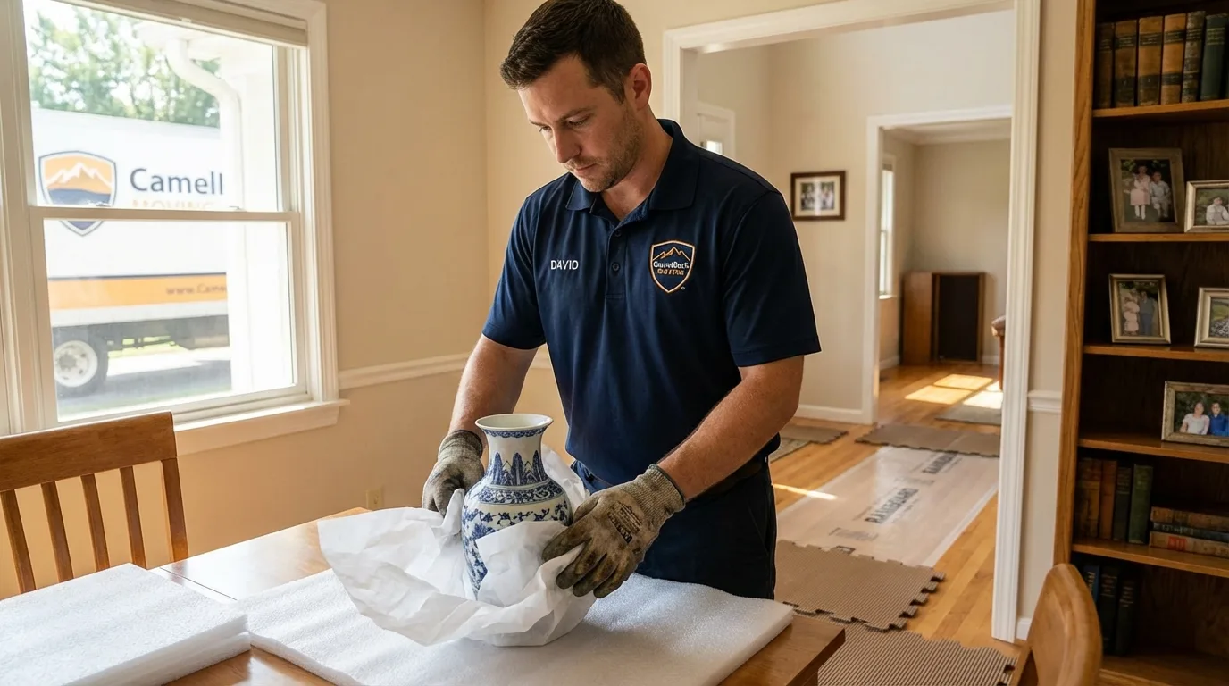 Professional crew carefully wrapping antique vase for senior downsizing move in Tok, AK
